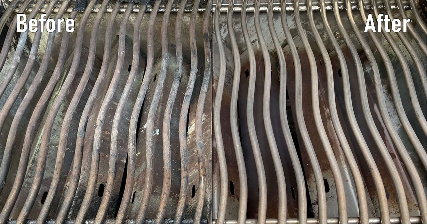 Grease-coated grill grates next to the same grates cleaned to bare metal