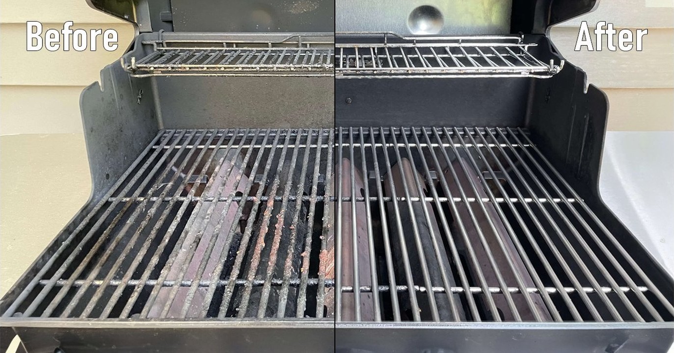 A dirty BBQ interior on the left, the same interior cleaned to bare stainless on the right