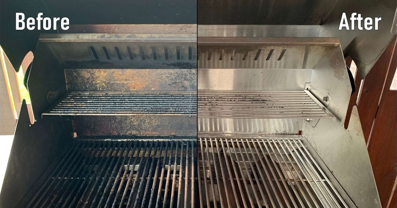 A weathered BBQ exterior and the same BBQ polished to a mirror finish